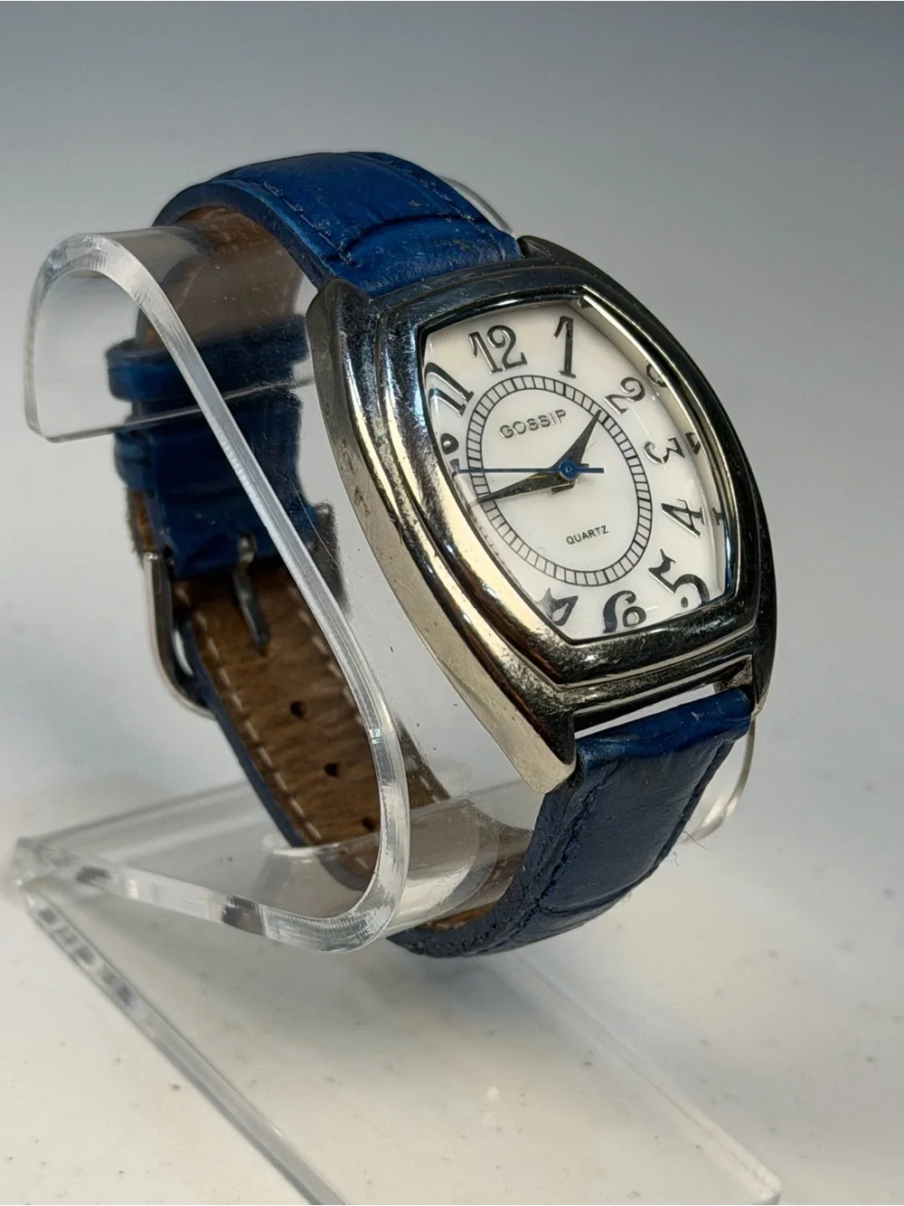 Gossip Women’s Quartz Watch White Dial Blue Faux Leather Strap 33mm Runs